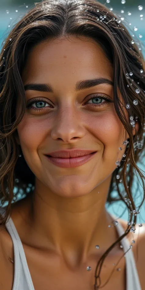 Hyper realistic eye level exterior photo oCreate a photorealistic, chest-up portrait of a beautiful, healthy Brazilian female model in her early 20s. Water cascades onto her hair and face, leaving glistening droplets and streams elegantly flowing down her ...