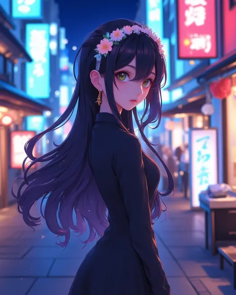 Anime girl (ethnicity:1.0), (age:1.5), (detailed clothing:1.2), (accessories:1.2), (detailed skin texture:1.2), (facial features:1.3), (expression:1.2), (body type:1.2), (pose:1.2) in a black dress, profile view, looking to the right, standing in a city st...