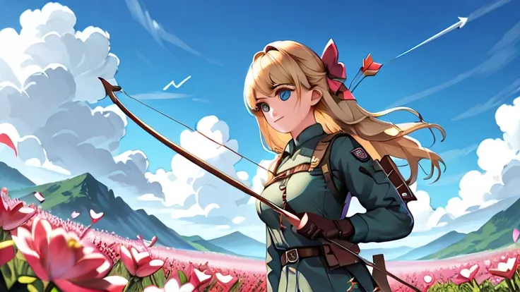 beautiful girl, anime girl with Bow and Arrow in field of flowers, anime girl with a Bow and Arrow, with Bow and Arrow, Wield a bow, Bow and Arrow, female action anime girl, Female Archer, holding Bow and Arrow,  high quality anime art style  , holding a B...