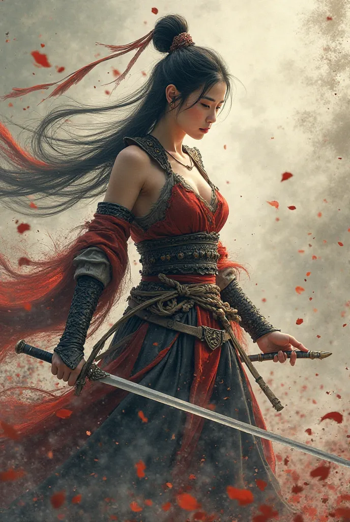 An ancient Chinese woman warrior is slaying the enemy，（look same alike Liu Xi Jun ），The clothes were torn，（almost exposed nipples），Vision，（ visible all over the body ），（A lot of defeated enemies lying on the ground），Realistic， ink painting style ，color， De...