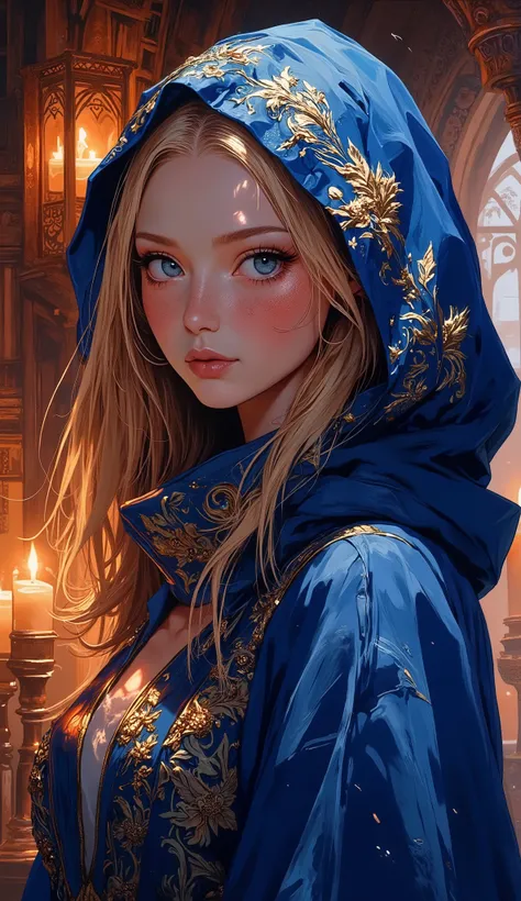 A stunning anime-style portrait of a young woman with mesmerizing blue eyes and delicate facial features, illuminated by the warm glow of candlelight. She wears an elegant blue hooded cloak adorned with golden embroidery and shimmering details, draping ove...