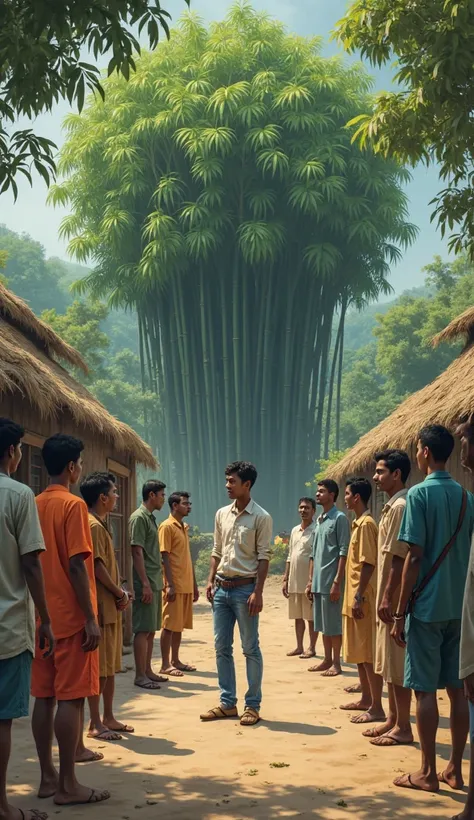 A rural village setting where several villagers (35-50 years old, simple farmers, wearing traditional kurta-lungi or shirts and pants) are gathered, discussing the haunted bamboo grove. Their faces show fear and anxiety. One of them is pointing towards the...