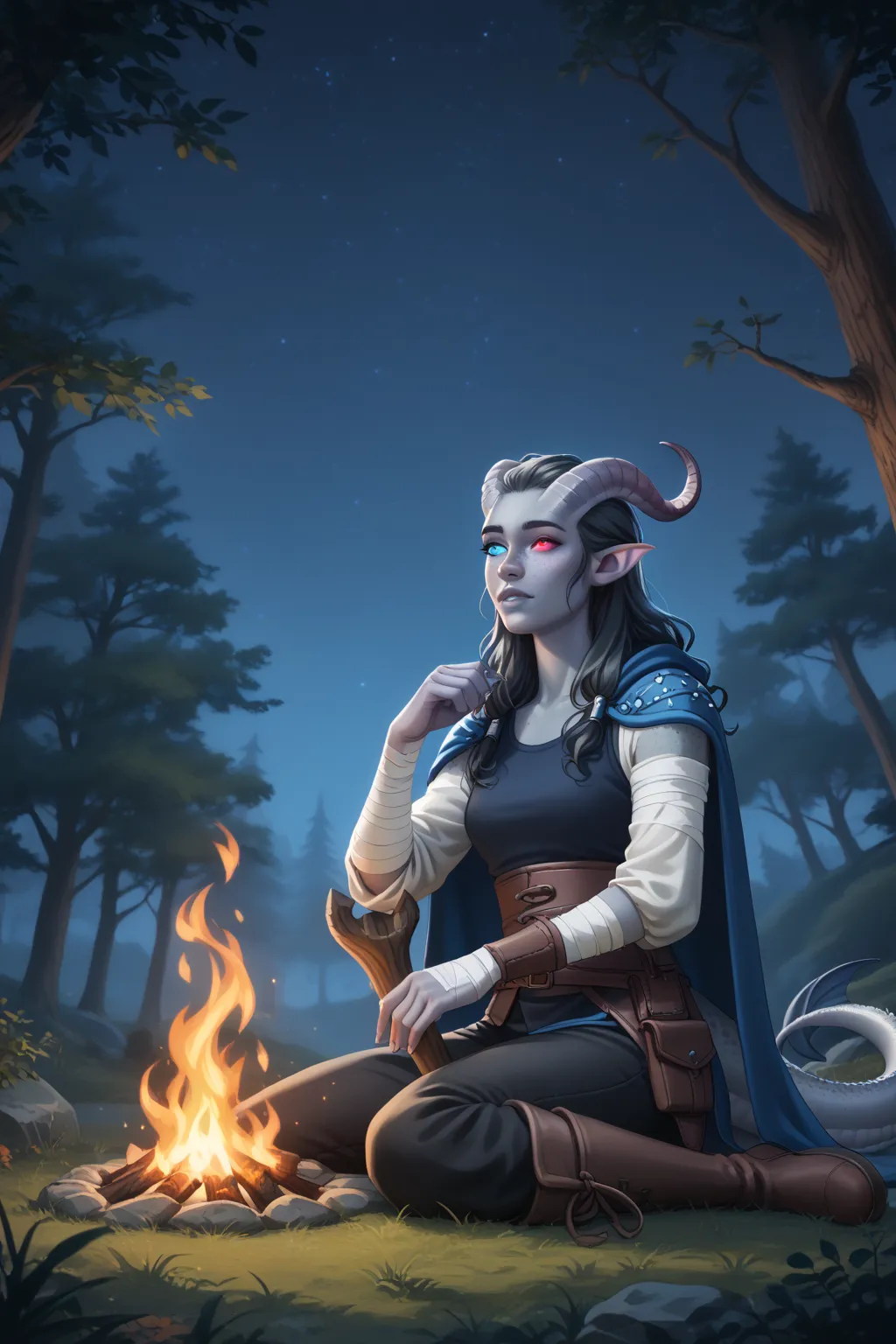 (Cedar tree is tall next to it), (1 adult Tiefling girl,  dark blue-gray skin :1.7), (35 years old:1.5), (One:1.3), (a curl of medium-length black straight hair covers the right eye:1.5), (sitting on the ground warms his hands over a cozy fire at night in ...