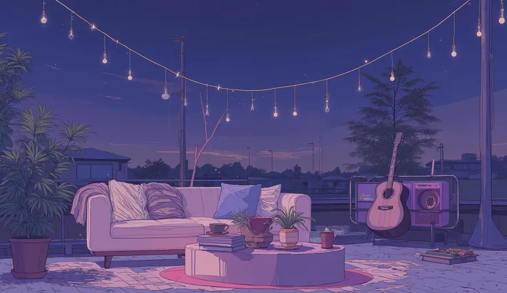Rooftop at night、nighttime scene、outside of house、with no people、Calm and meditative atmosphere、houseplant、Lo-fi atmosphere、String Light、Cozy sofa、Pink radio with retro design、Hot coffee on the coffee table、Warm blanket、Scattered books、There is an acoustic...