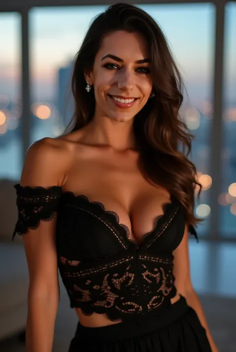 A captivating medium shot, slightly high-angle, 50mm lens, shallow depth of field, of a confident, light-medium tan-complexioned woman, 32 years old, radiating warmth and effortless elegance.  Her friendly, approachable smile reveals subtly pearly white te...