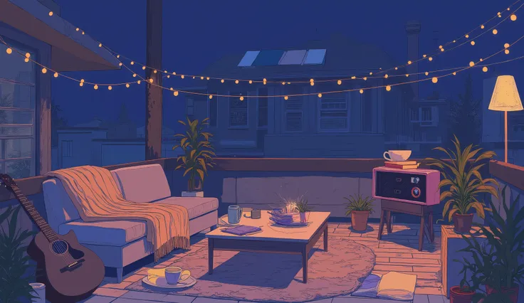 Rooftop at night、nighttime scene、outside of house、with no people、Calm and meditative atmosphere、houseplant、Lo-fi atmosphere、String Light、Cozy sofa、Pink radio with retro design、Hot coffee on the coffee table、Warm blanket、Scattered books、There is an acoustic...
