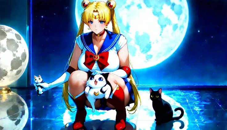 sailor moon ,sailor moon super s,  ultra realistic, 8K , alto detalle,  realistic style,  long blonde hair , blue eyes, squatting,  front view, perreo, two big and long pigtails, full body, blue miniskirt, Red boots, , , voluptuous body,  on the Moon, big ...