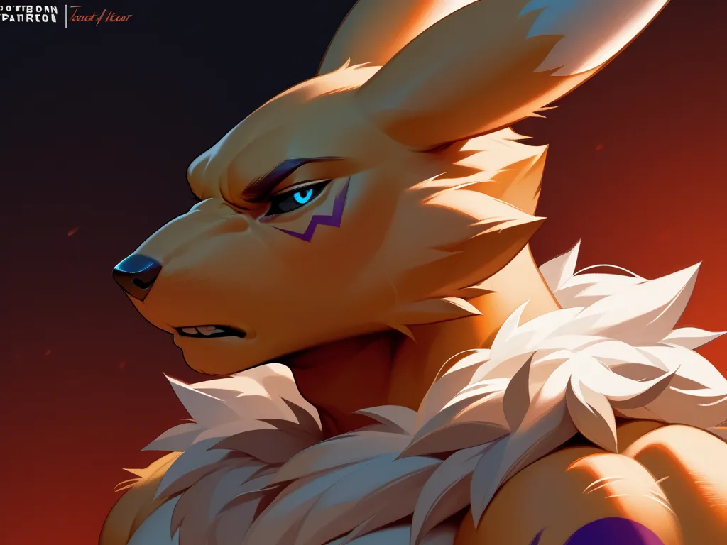 Renamon, male,  muscular, Topless,  angry expression, stares,  bust up composition , dark red gradient background