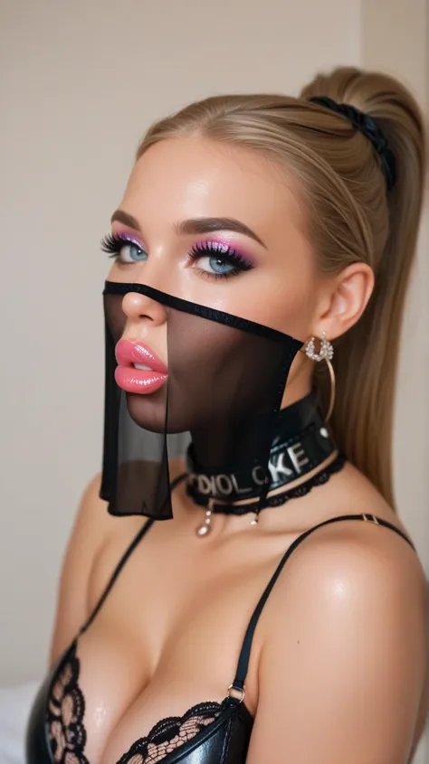 blondes bbw, fish lips,    dinghy lips  , bimbolips, botoxlips , ponytail,  shiny lipstick , Does over makeup, huge fake eyelashes, tight silk lace bra , fish lips, black leather collar inscription " Bimbo" , wearing mouth veil, (black, Light-tight short f...