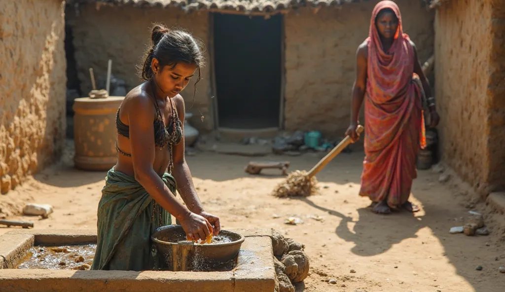 A realistic village scene in a rural setting.   A young daughter-in-law, half-dressed and half-breasted, washes clothes at a hand pump (nalka) in the courtyard of a traditional mud house.   She looks tired but continues her work.   Behind him, the stern mo...