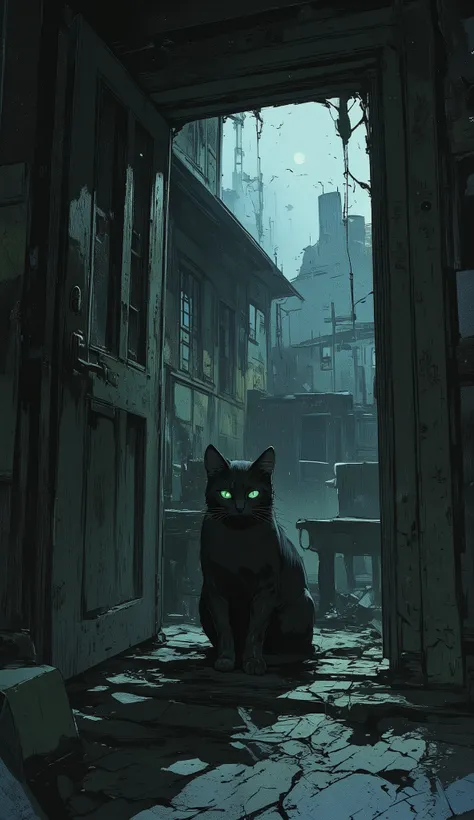 "A black cat with glowing green eyes stands in the doorway of an old, abandoned house. The wooden door is slightly open, creaking on rusted hinges. The room inside is covered in dust, with broken furniture and cobwebs in the corners. Faint moonlight stream...