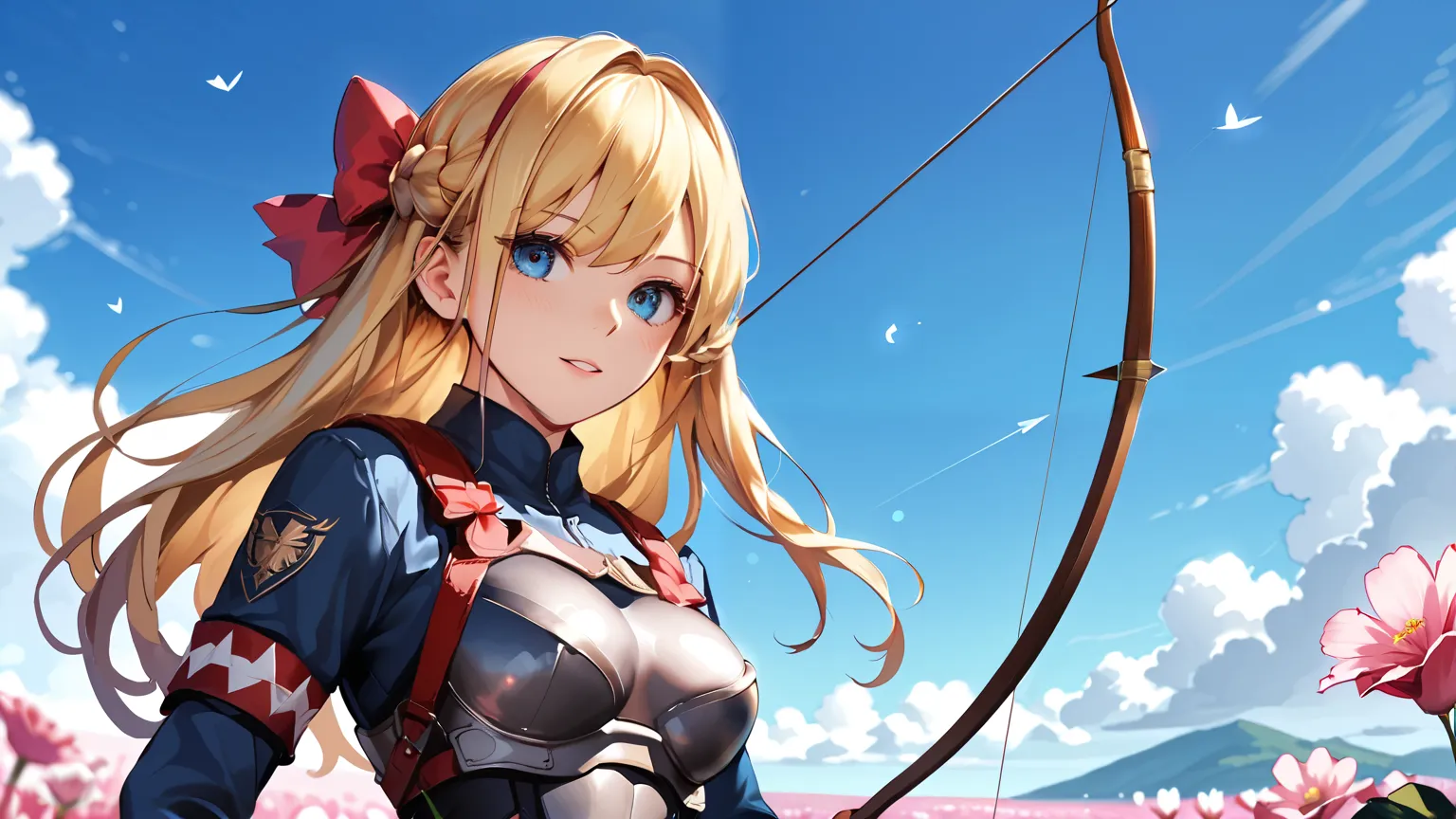 beautiful girl, anime girl with Bow and Arrow in field of flowers, anime girl with a Bow and Arrow, with Bow and Arrow, Wield a bow, Bow and Arrow, female action anime girl, Female Archer, holding Bow and Arrow,  high quality anime art style  , holding a B...