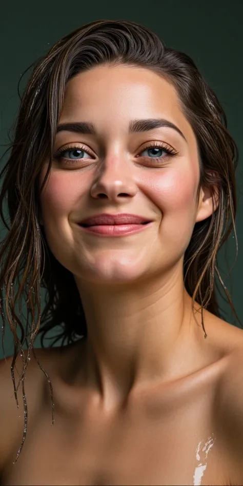 Hyper realistic eye level exterior photo oCreate a photorealistic, chest-up portrait of a beautiful, healthy Brazilian female model in her early 20s. Water cascades onto her hair and face, leaving glistening droplets and streams elegantly flowing down her ...