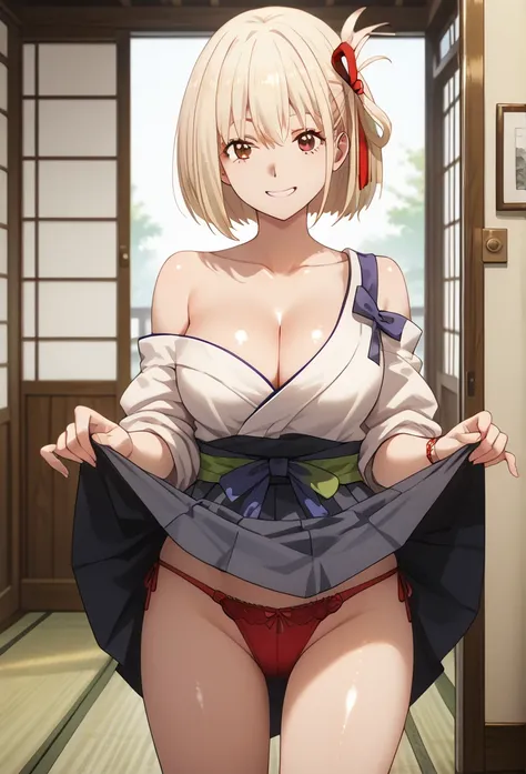 chisato nishikigi, short hair, bangs, blonde hair, red eyes, hair ribbon, one side up, bob cut, large breasts, (immatur face:1.2), Japanese kimono, bare shoulder, cleavage, bare legs, show panties, show panties, (lift up skirt with both hands:1.3), standin...