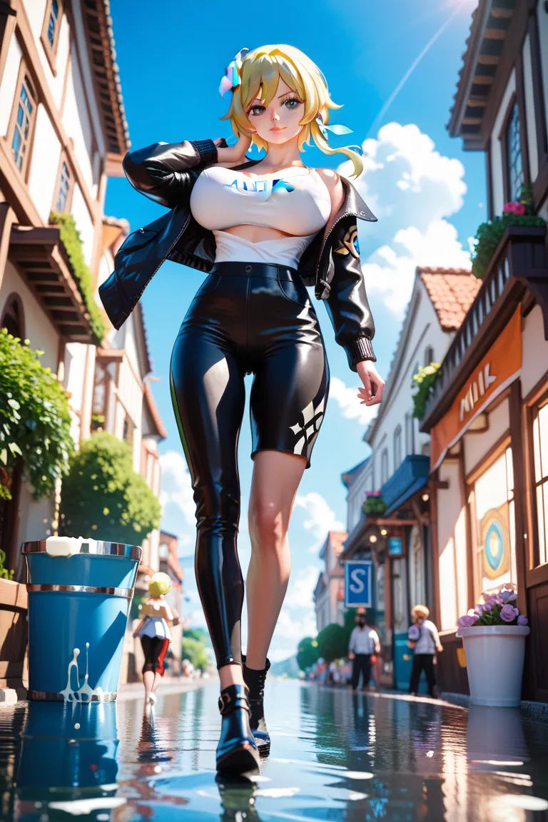  4k Quality Image, Female, 24 years old,one piece black motocycle suit，slim-fit atletic tactical black jacket and black pants for motocycle，walking on the street，long yellow hair,  fine skin and water texture, from below,  Lumine from genshin impact，brasts...