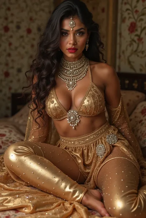 Sliver Shine Fabric visible by body stockings carnel  Golden Sliver Shine Beautiful seductive makeup of Ancient South Indian goddess of sex , Model Fat Beauty gold silver Rudy Pearl Jewellery transparent Oil  Golden Red female god a Prostitute, Laying down...