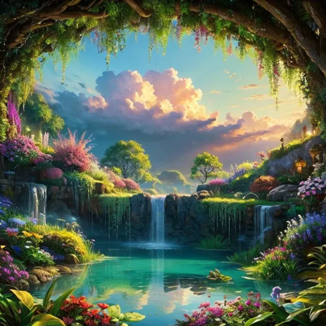 baptism,Baptism,Garden of Eden,Colorful,Dreamy landscape, cloud, light piercing through the cloud, Reflection on the surface of the water, Gentle waterfall,flower々, flower ,Quiet atmosphere, Richness in details, Surreal beauty, Magical Aura, Fantasy Landsc...