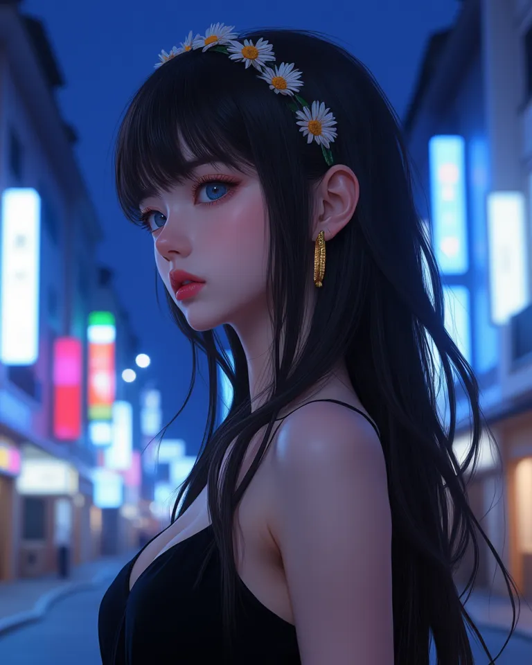 Anime girl (ethnicity:1.0), (age:1.5), (detailed clothing:1.2), (accessories:1.2), (detailed skin texture:1.2), (facial features:1.3), (expression:1.2), (body type:1.2), (pose:1.2) in a black dress, profile view, looking to the right, standing in a city st...