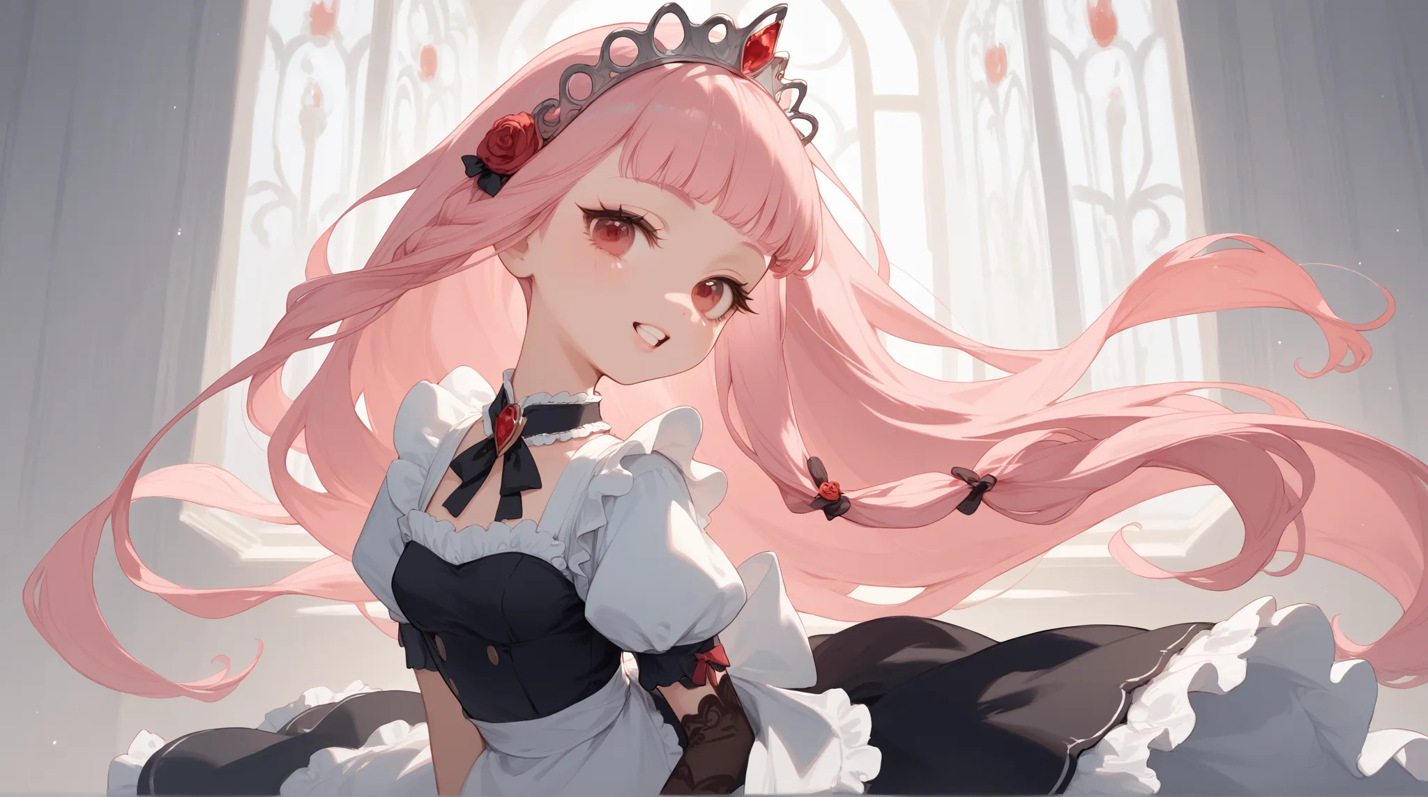  masterpiece, Highest quality,  exhaustive、 light pink hair  、Left and right hair、  Half Twin、  long hair、 princess cut、 red eyes、 small breasts、 double teeth、、  black and white maid clothes  