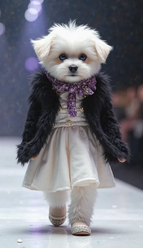 Fashion show, a cute white puppy resembling a human figure, dark blue eyes, a white suede dress sewn in pieces, knee-length, high heels, a black tulle coat, a silk scarf around the neck, amethyst jewelry,