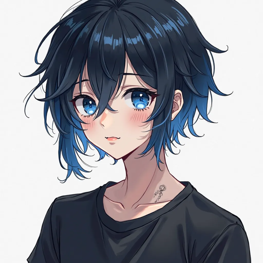 Draw a black-haired boy with blue locks,  How to cut hair (Like the one from Kaiser from Blue Lock) The hair is loose but it is not very long it reaches below the ear near the shoulder. has brilliant blue eyes mixed with intense black, and they shine like ...