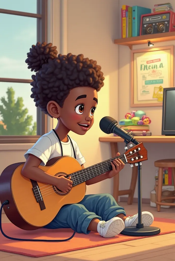 A 2D cartoon of a 20 year old black boy named Upendo sitting upright facing the camera with cute African American facial features, nice curly brown hair in a bun, sitting alone in a super clean and organized room, looking at a microphone and playing a guit...