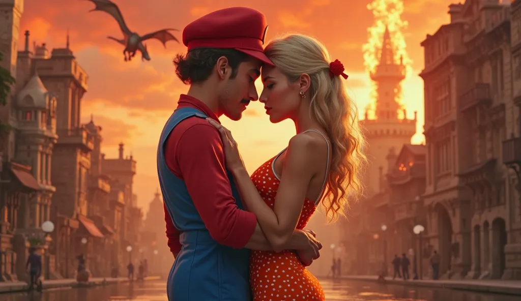 Realistic real man in super mario clothes hugs a sexy girl with a retro hairstyle with huge open breasts in a mini orange retro dress, red polka dot panties are visible from under the dress. A dragon is flying in the background, a narrow street in Super Ma...