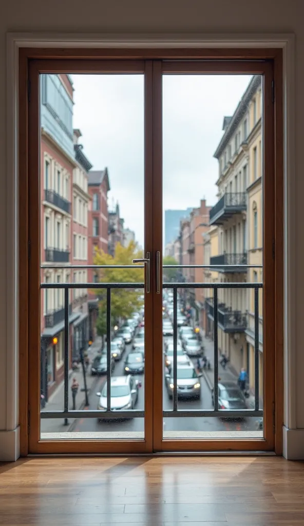 "A soundproofing test between two aluminum glass doors. In the first half of the image, the cheap door is closed, yet loud city noises (cars honking, people talking) are still heard inside. In the second half, the premium door is closed, creating a quiet, ...