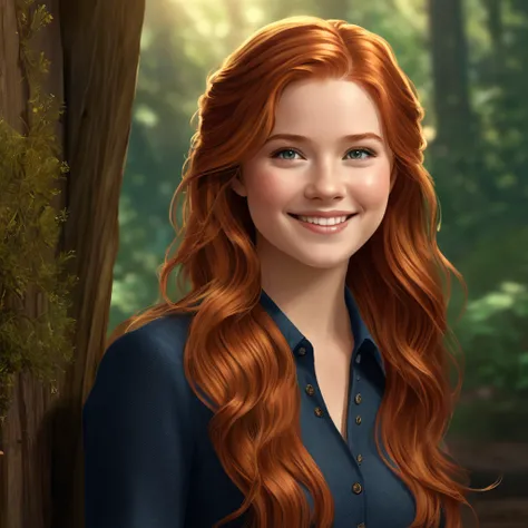 "Create a captivating image of a 25-year-old Ginny Weasley, emanating charm and warmth. Render a high-quality portrait resembling a photograph, showcasing Ginny's radiant smile, sparkling eyes, and vibrant personality. Her fiery red hair should flow in sof...