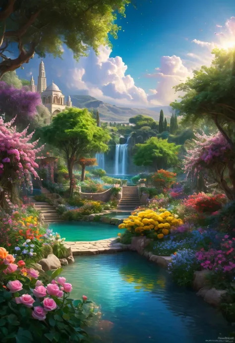 middle East、 no one、11 The city was enveloped in the glory of God、Shining like a jewel、Like Jasper〔Like crystal〕It was crystal clear.。 no one。Israel- Fantastic - Painting Style Waterfall Soft painting style Brightly colored Bright light a wonderful heavenl...