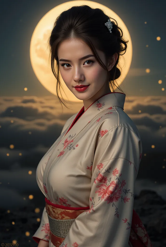 ultra-realistic, 8k,  very detailed 、realistic画像生成、 photography、 full body photo、Fine-grained eyebrow and eyelash generation、 Japanese woman、Fine skin is shiny々、 tight waist 、Thin anklesです  、realistic、Midnight Moon 、 big full moon with a full background、Mo...