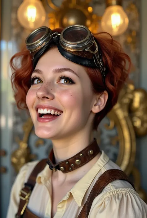 Close-up portrait of a laughing girl in steampunk style.The body is turned in profile. The head is turned towards the viewer. A glance to the side. Curly elastic red hair. Very light, transparent olive eyes. Long fluffy eyelashes. Wide, beautiful smile, la...