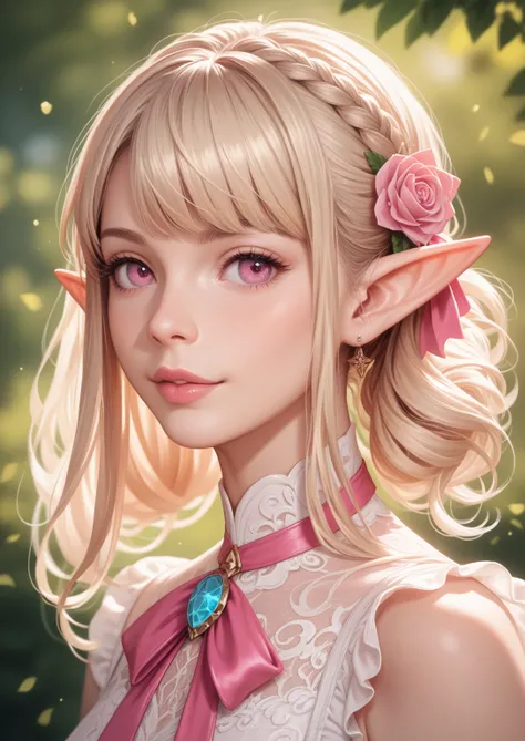 cute half-elf lady She has side parted hairs, she has cute bangs, She has vary long bright blonde hair with pink tip, She has pink eyes,A sexy ribbon wrapped around the body instead of clothes