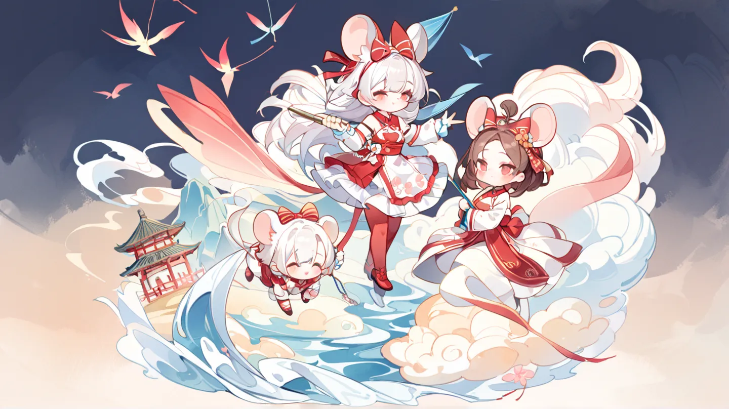  flying kites ，super high quality， depth of detail ，Q version three-headed body 、Mouse Ears，Clear Watercolor、 girls on the left、 beautiful arrangement and theme 、 writing limit depth 、 flat avatar , 1 girls on the left, （short brown hair），  white hair tips...