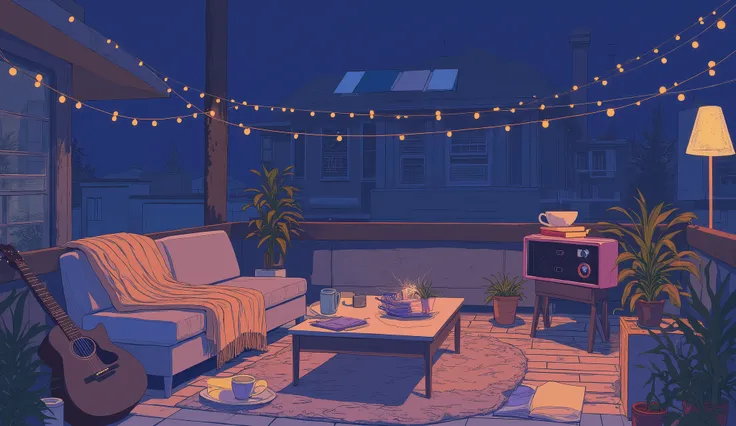 Rooftop at night、nighttime scene、outside of house、with no people、Calm and meditative atmosphere、houseplant、Lo-fi atmosphere、String Light、Cozy sofa、Pink radio with retro design、Hot coffee on the coffee table、Warm blanket、Scattered books、There is an acoustic...
