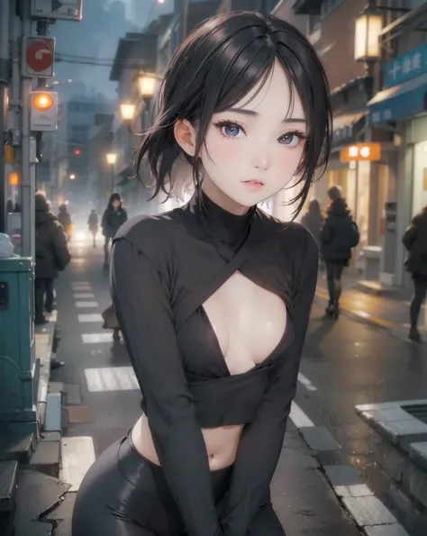 (( best quality)), ((masterpiece)), ( detailed),  perfect face, yamanaka ino, black tight leggings, On the street, bare chest, masterpiece, best quality, best anatomy, 8k