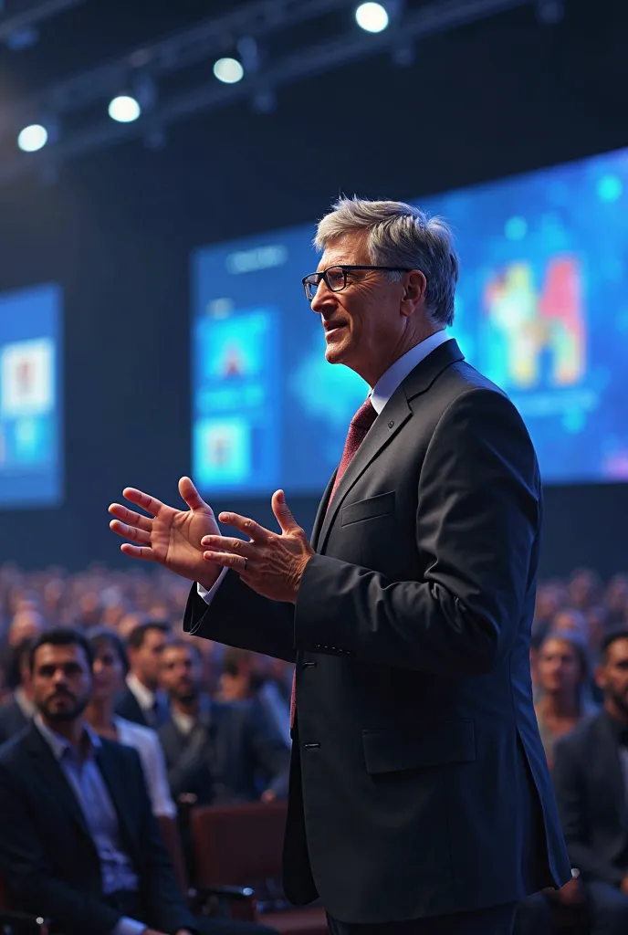 A realistic digital painting of Bill Gates speaking at a grand conference. He is standing on a stage, delivering a speech with a confident yet reflective expression. The audience is attentively listening, and large screens behind him display his image. He ...