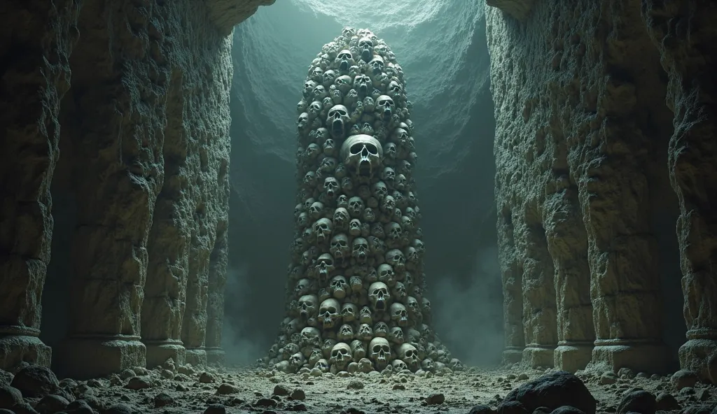 "A towering mass of human skulls rises against the walls, stretching high into the darkness on both sides of the dimly lit chamber. The skulls are unevenly stacked, some embedded deep into the stone while others protrude at odd angles, as if barely clingin...