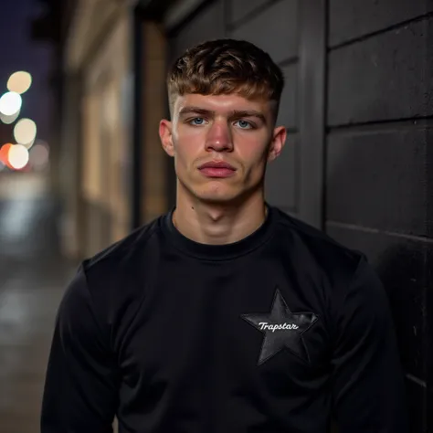  A 22-year-old man with broad shoulders and muscular build wearing a Trapstar sweatshirt. Dark hair low fade cut dark color well-marked masculine features . Impressive light blue eyes . retrato. Urbano. city. Gym wall . Night.   Outside the gym .