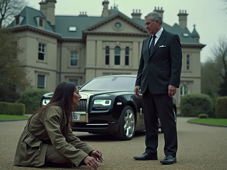 A highly dramatic and emotional YouTube thumbnail showing a wealthy millionaire in an elegant suit standing in front of his luxurious car, looking cold and indifferent. In the foreground, a homeless woman with a tear-streaked face and ragged clothing sits ...