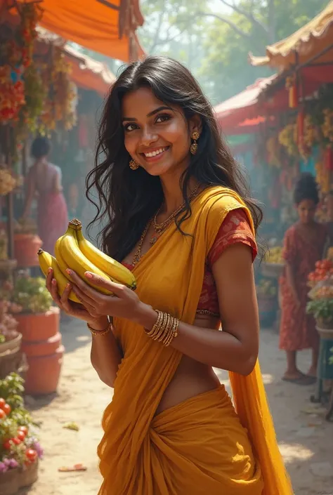 Cute beautiful young Indian woman buying two bananas and waving bye