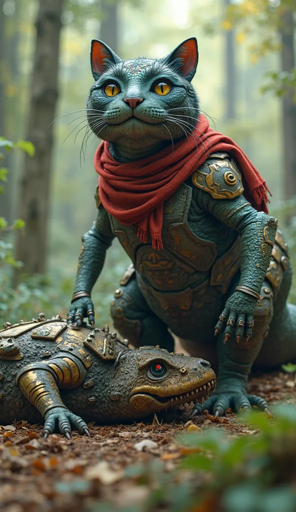 Pixar, ultra-detailed, 8k, full body, sinematic,  CREATE  (fat black cat red scarf, modern armor gold, stick-length glows soft blue), and (Large green T-rex wearing modern red armor), T-rek poses supine on the ground as if losing a fight, in the wilderness