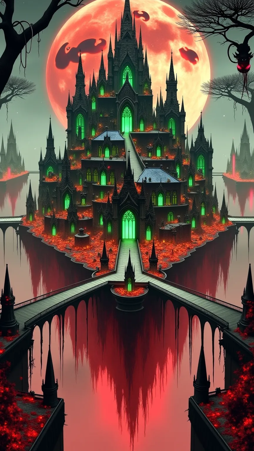 A  massive, gothic vampire castle looms over a dark, enchanted landscape, its towering black spires piercing the blood-red sky. The fortress appears suspended above the abyss, with bridges and pathways stretching between its shadowy towers. The architectur...