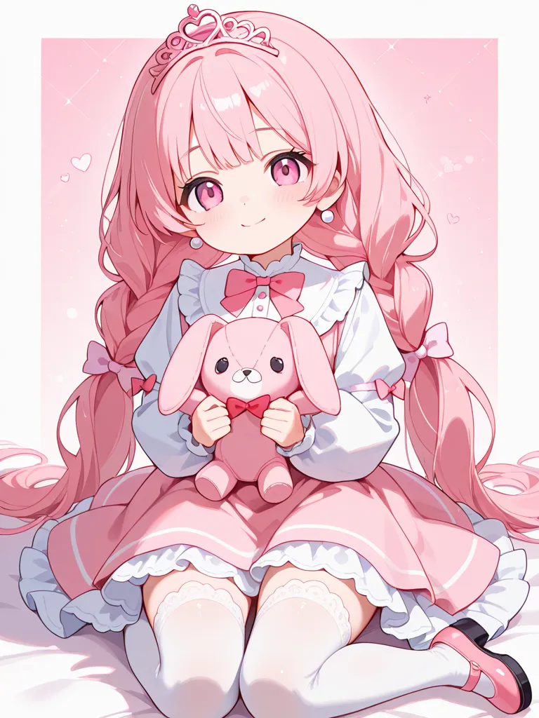 masterpiece, best quality, very aesthetic, absurdres, 1girl, closeup, fair skin, big round pink eyes, long wavy pastel pink hair, twin braids, soft bangs, cheerful expression, pink frilly dress, white lace trim, heart-shaped buttons, oversized pink bow on ...