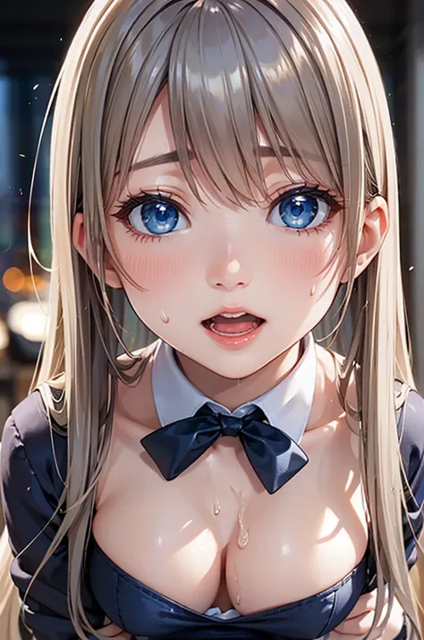 adult woman,  alone,  sexy, 8k resolution,((Highest quality)), Ultra High Definition, (painful expression), (blue eyes), beautiful symmetrical face , ( long silvery hair),bunny suit,miniskirt,stockings,Bunny Cuffs,realistic:1.4,realistic:1.4,(masterpiece:1...