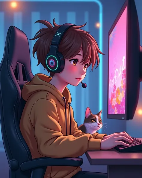 Create a picture of you 22 years old with brown hair on gaming chair watching with headset and on your lap a happy tomcat in anime style

