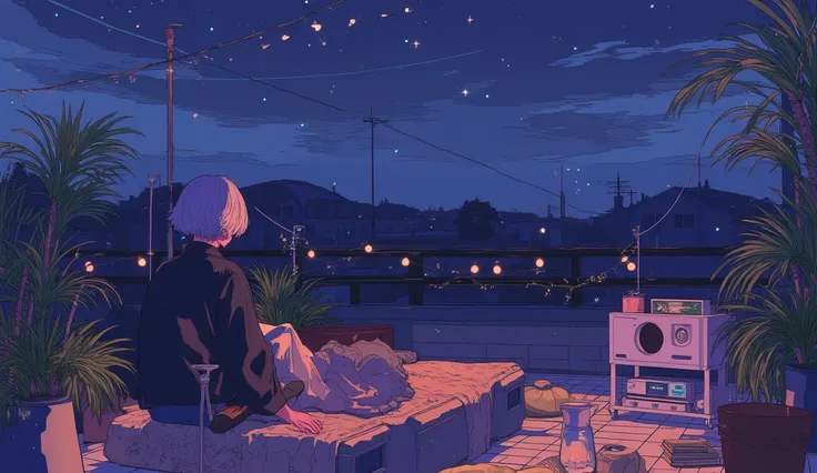 Rooftop at night、nighttime scene、outside of house、with no people、Calm and meditative atmosphere、houseplant、Lo-fi atmosphere、String Light、Cozy sofa、Pink radio with retro design、Hot coffee on the coffee table、Warm blanket、Scattered books、There is an acoustic...