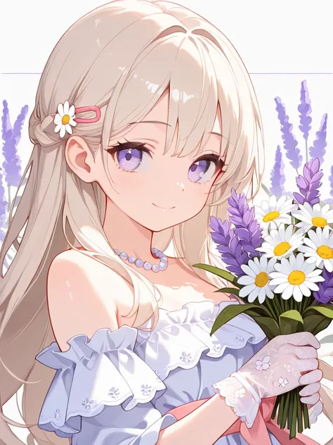 masterpiece, best quality, very aesthetic, absurdres, 1girl, closeup, fair skin, soft violet eyes, long wavy platinum blonde hair, delicate floral hairpins, serene smile, off-shoulder lavender dress, ruffled sleeves, pastel pink sash, floral embroidery, wh...