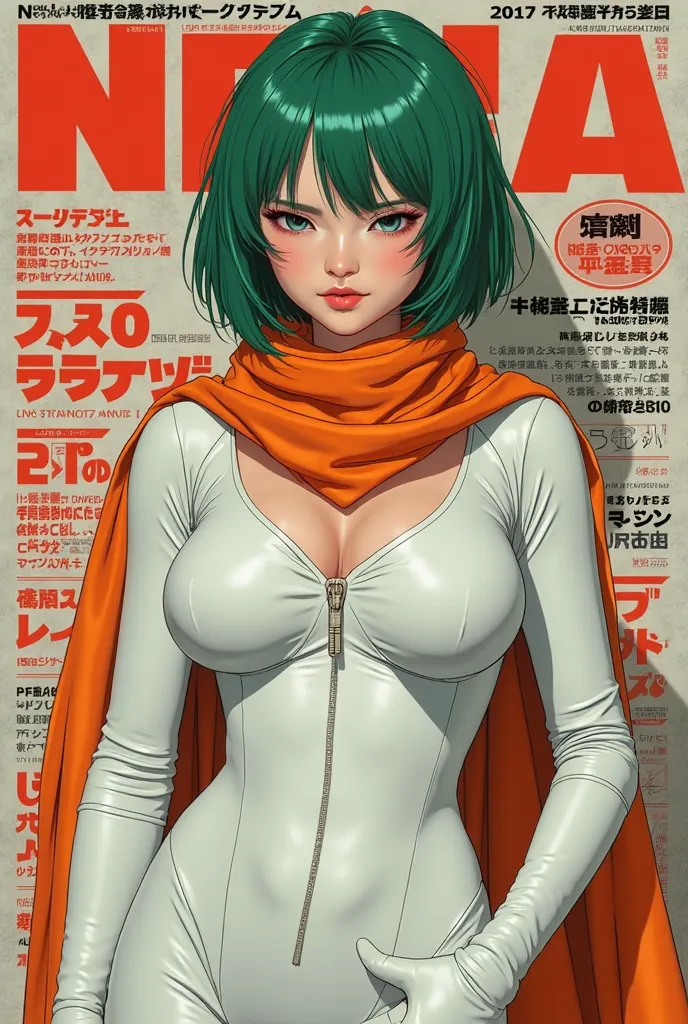 Mashiro Kuna real woman hyperrealist Hyperrealism as the protagonist of the cover and with background texts as if it were a real magazine.  outfit.  hyperrealism. live action magazine. big breasts. short green hair. Superhero clothing style long sleeve whi...