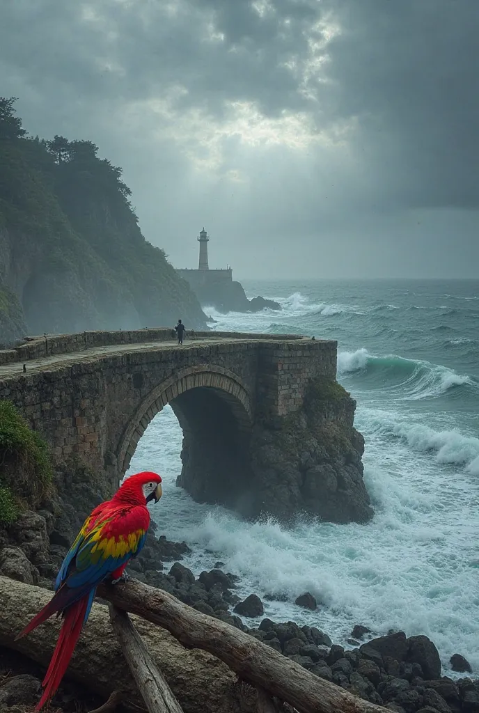 A stormy coastal scene unfolds with dark clouds swirling over crashing waves against jagged cliffs. In the distance, an old lighthouse stands tall, barely visible through the mist. A weathered stone bridge stretches across the rocky shoreline, its arching ...